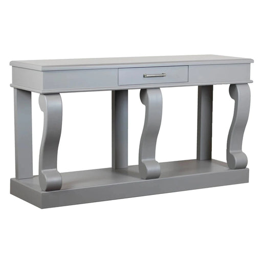 Introducing the Scroll 150cm Mink Console—a modern gray console table with a sleek mink finish, featuring three gracefully curved legs, a flat top surface, a single centered drawer with a metal handle, and a flat bottom shelf. Perfect as stylish entryway furniture.