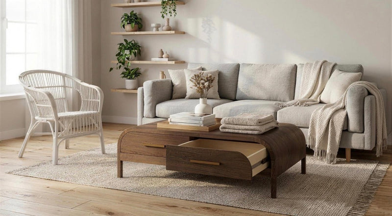 A cozy living room with a light gray sofa, the Sienna Coffee Table, a wicker chair, potted plants on wall shelves, and sunlight streaming through a window onto a woven rug and wooden floor.