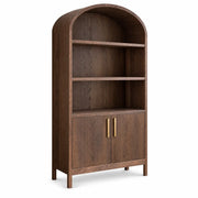 The Sienna Tall Cabinet is a tall, wooden bookshelf featuring an arched top, two open shelves, and a lower cabinet with double doors adorned with gold handles. Finished in a rich dark brown, this elegant unit serves as a modern wood cabinet ideal for living room storage and complements any décor.