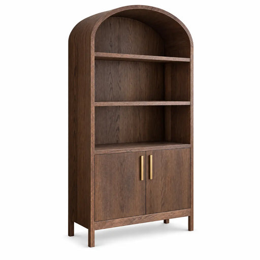 The Sienna Tall Cabinet is a tall, wooden bookshelf featuring an arched top, two open shelves, and a lower cabinet with double doors adorned with gold handles. Finished in a rich dark brown, this elegant unit serves as a modern wood cabinet ideal for living room storage and complements any décor.