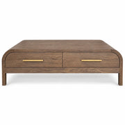 Sienna Coffee Table: A rectangular wooden coffee table with rounded edges, featuring two drawers accented by horizontal gold handles, and a minimalist modern design—perfect for those seeking both style and storage in their living space.