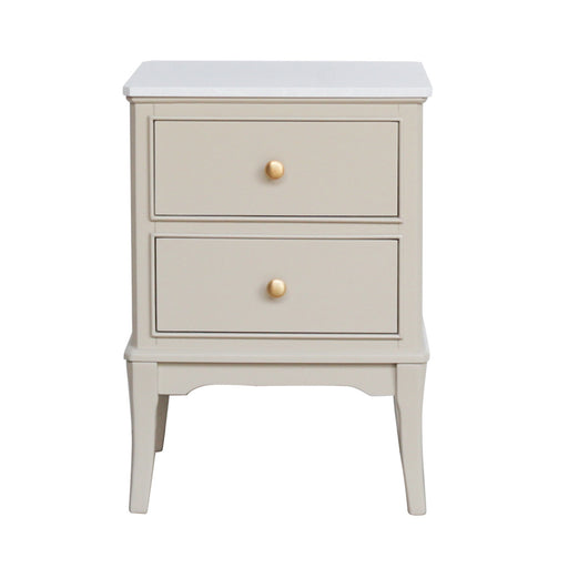 The Monroe 2 Drawer Locker - Stone is a small, light-colored wooden accent table with two drawers featuring round wooden knobs and four curved legs. Its minimalistic Monroe-inspired design adds charm to any space.