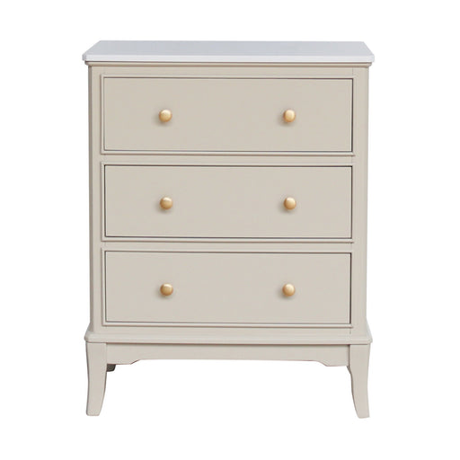 The Monroe Large 3 Drawer Locker - Stone features a light beige wood finish, three drawers with round knobs, clean lines, and short curved legs—offering a simple, elegant look reminiscent of stone-coloured lockers.