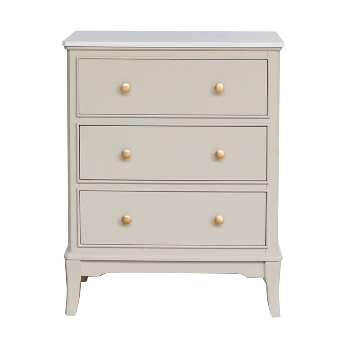The Monroe Large 3 Drawer Locker - Stone features a light beige wood finish, three drawers with round knobs, clean lines, and short curved legs—offering a simple, elegant look reminiscent of stone-coloured lockers.