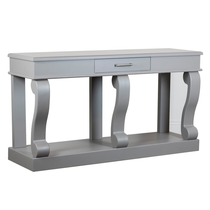 The Large Scroll Console with Drawer features a modern warm grey finish, a single center drawer with a silver handle, and three decorative curved support legs connecting the tabletop to the base shelf.