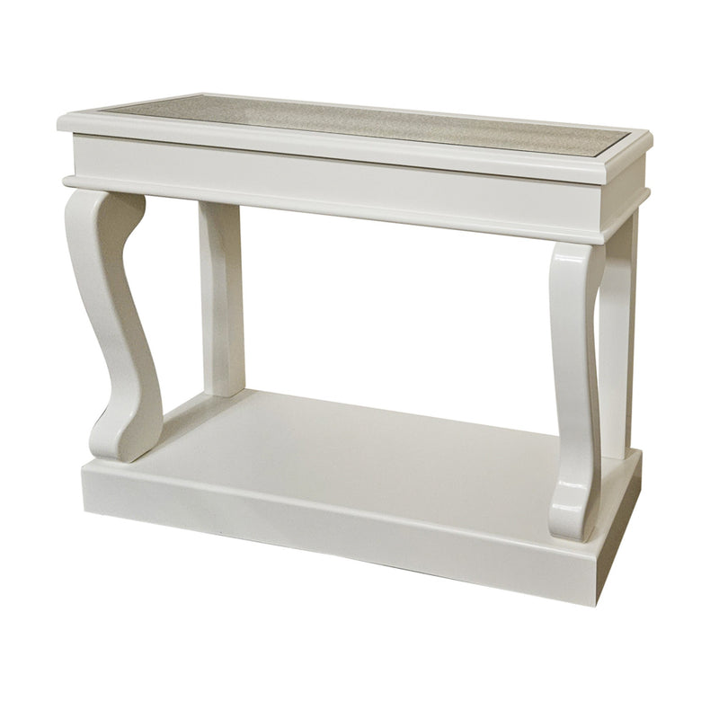 The Scroll Console - Antique Mirror Top features elegant curvy legs, a mirrored top, and a lower shelf, providing stylish storage or display for any room.
