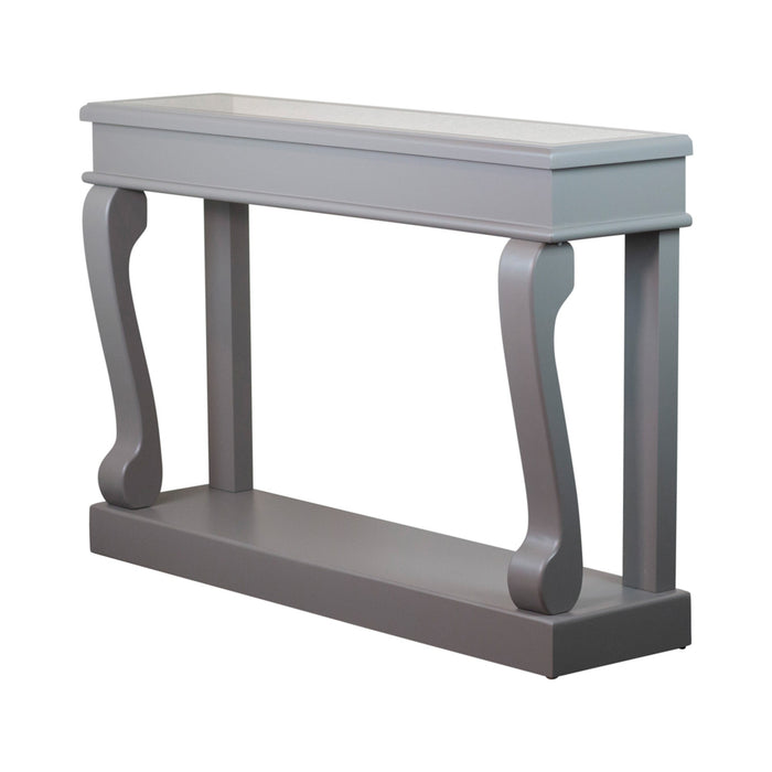 The Scroll Console - Antique Mirror Top features a modern narrow design with curved legs and a glossy gray finish, offering vintage charm and extra storage on its lower shelf when set against any wall.