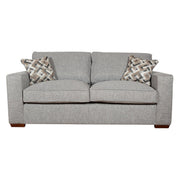 The Chicago sofa by vendor-unknown features light gray upholstery, two seat and back cushions, two geometric throw pillows, and wooden feet—ideal for a stylish modern living room.