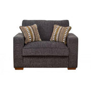 The Chicago armchair by vendor-unknown features dark gray upholstery, wide arms, and two striped cushions in brown, beige, and white—an ideal addition to a modern home or for pairing with your living room sofa.