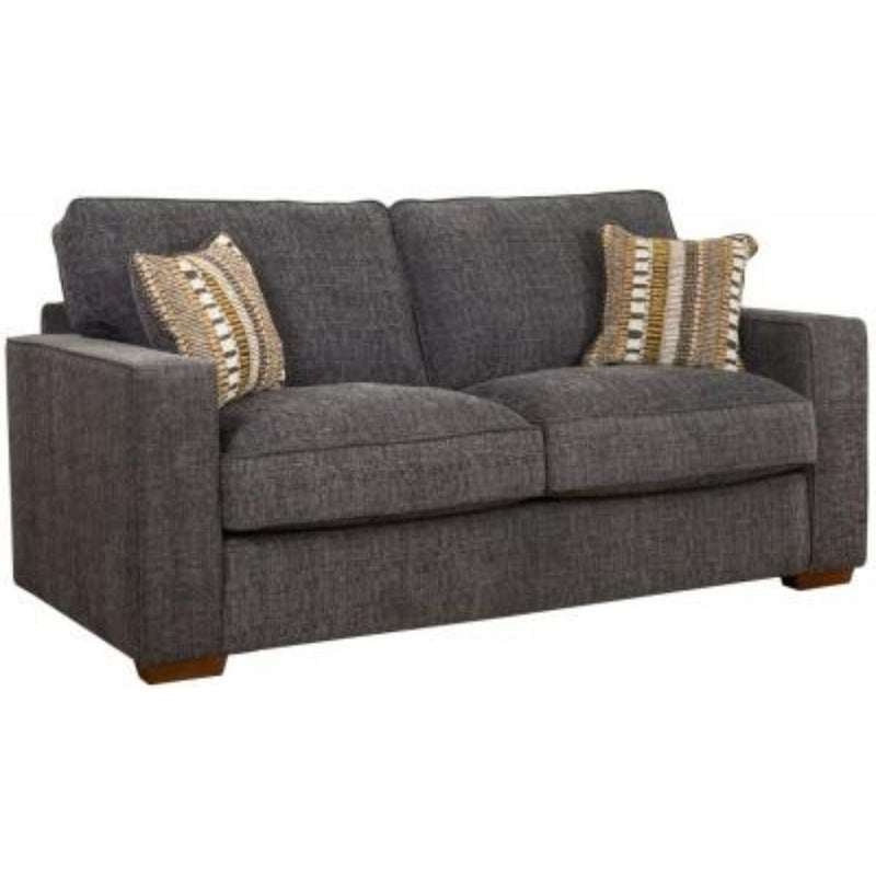 The Chicago loveseat by vendor-unknown features dark gray upholstery, wide arms, wooden feet, and two patterned throw pillows in brown, white, and gray—ideal for adding modern style to your living room.