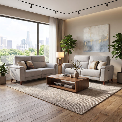 Two contemporary grey Delta Electric Recliner sofas face each other over a wooden coffee table in a living room with a large window overlooking a city skyline.
