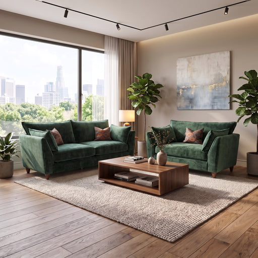 Two deep-seated green velvet sofas from the Cleo Range face each other over a wooden coffee table in a living room with a large window overlooking a city skyline.