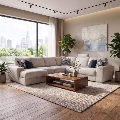 Large light-gray Grand Corner Group 4L modular sofa arranged in a corner shape, featuring patterned accent pillows and a wooden coffee table in front on a textured rug.