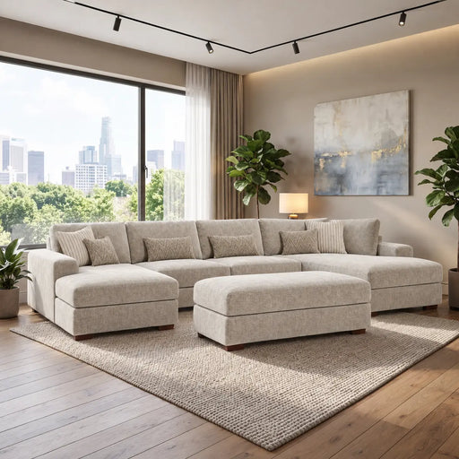 Light gray contemporary Henley Sofa with a chaise and a matching ottoman on an area rug in a living room.