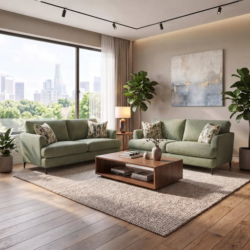 Two sage green Joni Range contemporary sofas face each other in a modern living room with a low wooden coffee table and a large window overlooking a city skyline.