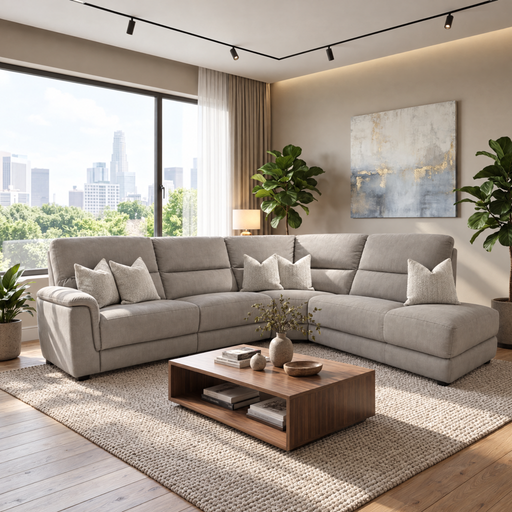 Light gray Lucas Corner L-shaped sofa with throw pillows, centered in front of a window overlooking a city skyline, with a wooden coffee table in the foreground.