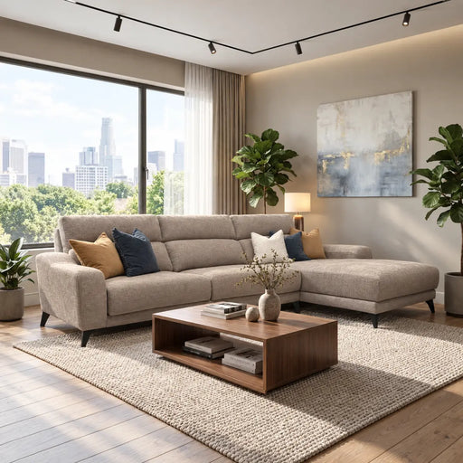 Light beige Nomi Sliding Seat Chaise with colorful throw pillows, positioned in a living room with a low wooden coffee table on a textured rug.
