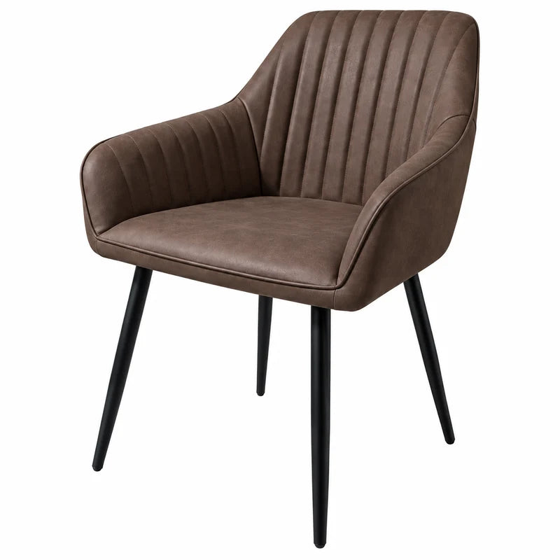 Brown Enzo chair from the Elson Light Table + 6 Enzo Chairs set, featuring a vertical channel-tufted back and four tapered black metal legs, styled as a comfortable dining chair.