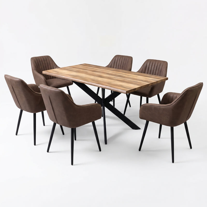 An Elson Light Table + 6 Enzo Chairs dining set featuring a rectangular wooden table with a black metal x-frame base surrounded by six comfortable brown upholstered dining chairs with black legs.