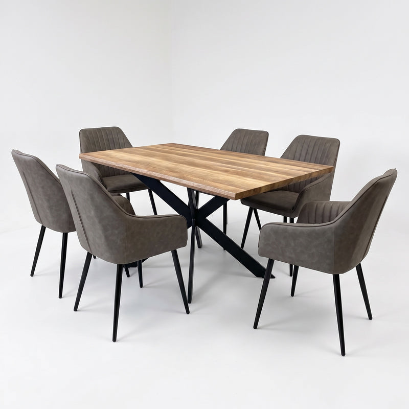 The Elson Light Table + 6 Enzo Chairs features a rectangular wooden top with a black X-shaped base, surrounded by six comfortable chairs with grey upholstery and black metal legs.