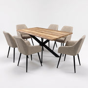 Elson Light Table + 6 Enzo Chairs featuring a contemporary rectangular wooden top with a black metal base, surrounded by six beige upholstered dining chairs on matching black legs.