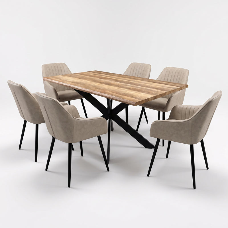 Elson Light Table + 6 Enzo Chairs featuring a contemporary rectangular wooden top with a black metal base, surrounded by six beige upholstered dining chairs on matching black legs.