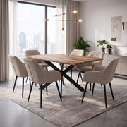 An Elson Light Table + 6 Enzo Chairs featuring a contemporary dining table with a black metal base surrounded by six comfortable upholstered chairs with tapered black legs.