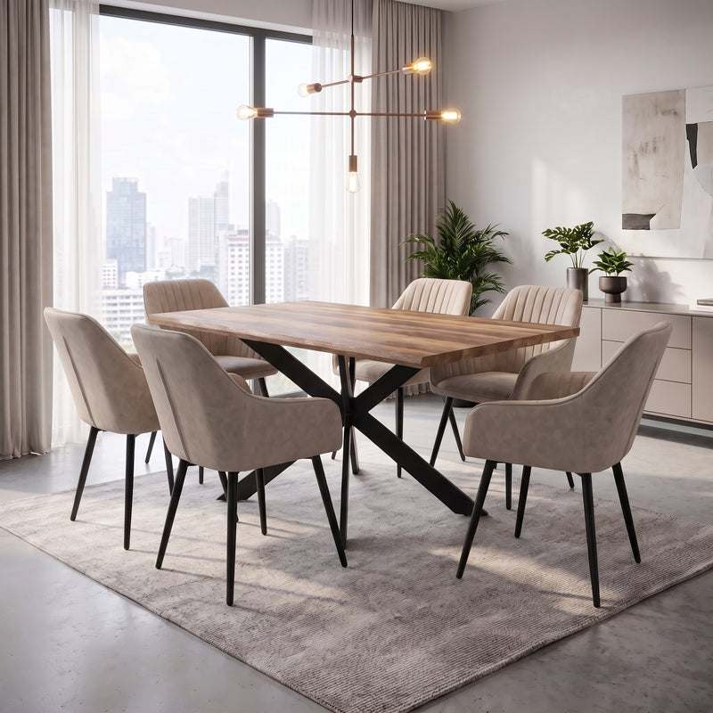 An Elson Light Table + 6 Enzo Chairs featuring a contemporary dining table with a black metal base surrounded by six comfortable upholstered chairs with tapered black legs.