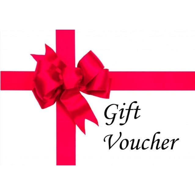 A white Gift Voucher card with a bold red ribbon and bow, "Gift Voucher" elegantly scripted in black on the right, redeemable in store.