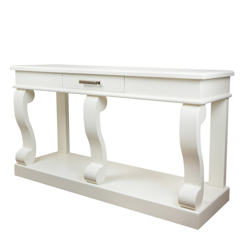 The Large Scroll Console with Drawer is a white sideboard table featuring one center drawer, three curved legs, a lower shelf, and a modern, minimalist design.