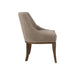Side view of the Louis Dining Chair, featuring beige upholstery, curved wooden legs, and a slightly reclined backrest, set against a plain white background.