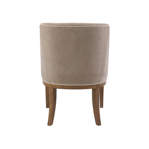 The Louis Dining Chair features beige upholstery, a rounded back, and four wooden legs, displayed from the rear against a white background.