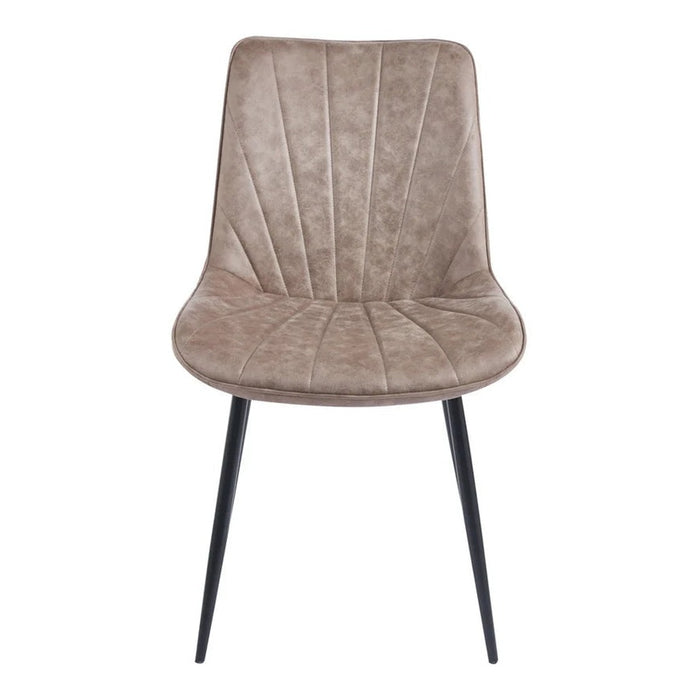 The Lilly Dining Chair features a light brown, suede-like upholstered seat with vertical stitching and slim black metal legs, shown from the front against a white background.