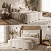 Azure Bedframe with a contemporary upholstered frame and curved wingback headboard, shown in two different bedroom settings with neutral bedding.
