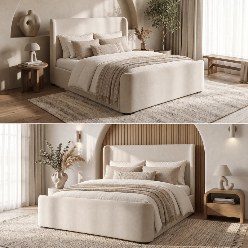 Azure Bedframe with a contemporary upholstered frame and curved wingback headboard, shown in two different bedroom settings with neutral bedding.