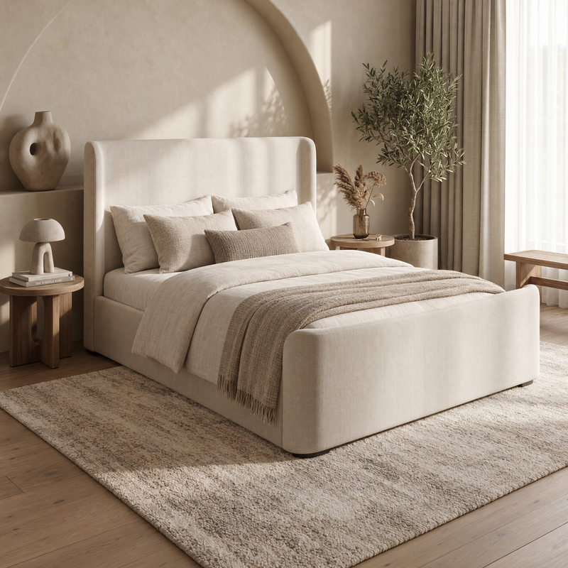 Azure Bedframe with a contemporary upholstered, curved wingback headboard and footboard in a neutral bedroom.