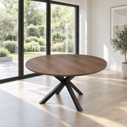 New York Round Table & 4 Macey Chairs featuring a round walnut veneer top and a black X-shaped metal base.