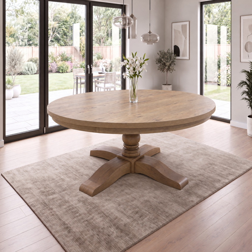 Newbury Round Dining Table in brushed oak with a pedestal base, topped with a glass vase of white flowers and sitting on an area rug.