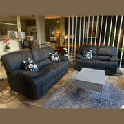 A living room with a Sapphire Reclining Sofa, a dark gray leather sofa, light gray coffee table on a patterned rug, and four floral cushions. The background includes lamps, plants, mirrors, and shelves decorated with décor items.