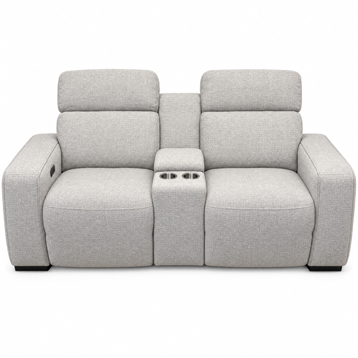 Lennox Electric Recliner Sofa in light gray, a 2-seater with a center console featuring two built-in cup holders.