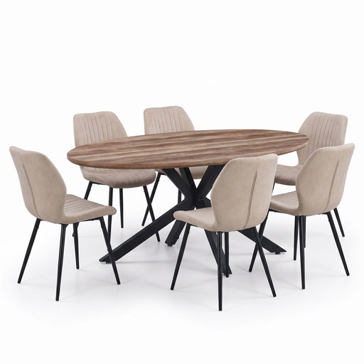 Elson Oval Table & 6 Lyra Chairs featuring an oval wooden dining table with a black metal base surrounded by six beige upholstered dining chairs with black legs.