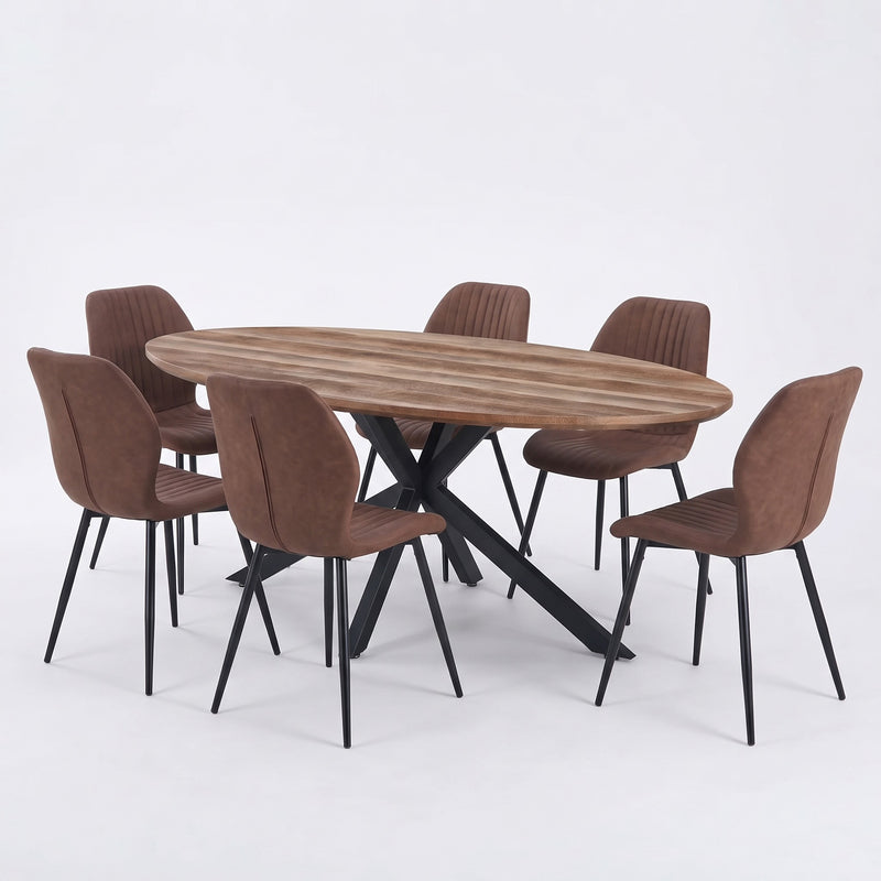 Elson Oval Table & 6 Lyra Chairs featuring a wood-grain oval table on black metal legs, surrounded by six brown upholstered chairs with matching black metal legs.