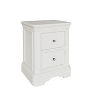 A white Mabel bedside table with two drawers, featuring a smooth taupe painted finish and silver effect handles.
