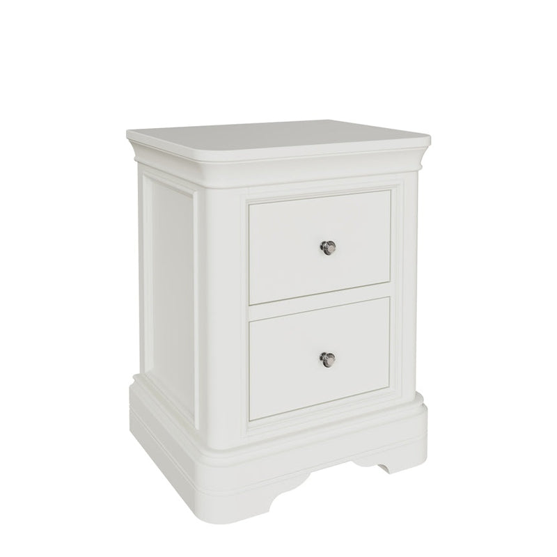 A white Mabel bedside table with two drawers, featuring a smooth taupe painted finish and silver effect handles.