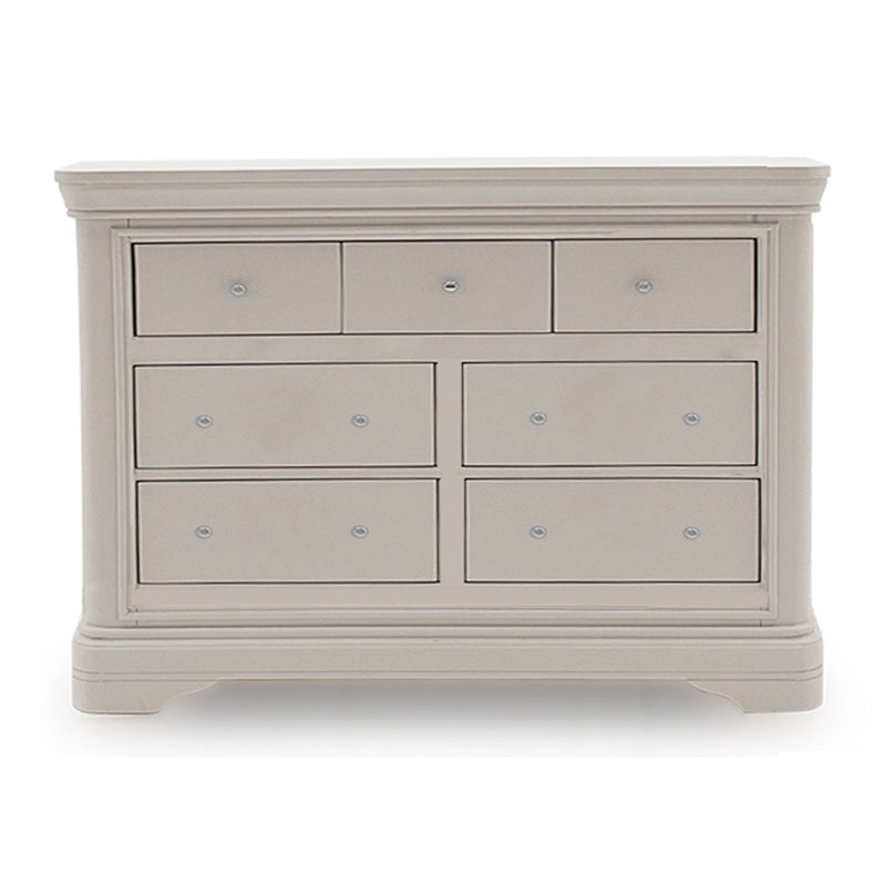 The Mabel Wide Chest by vendor-unknown features a light gray wood finish, three small top drawers, four larger lower drawers, round knobs, and a sturdy classic design that complements contemporary bed frames.