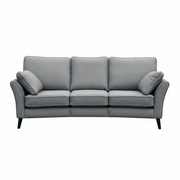 The Retro Angle seatee is a modern light gray, Irish-made three-seater sofa with aquaclean fabric, three seat and back cushions, two matching side pillows, and slim black legs, shown on a white background.