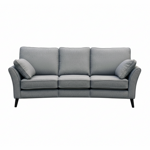 The Retro Angle seatee is a modern light gray, Irish-made three-seater sofa with aquaclean fabric, three seat and back cushions, two matching side pillows, and slim black legs, shown on a white background.