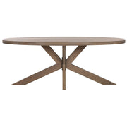 Large modern oval dining table with a light, washed wood top and X-shaped wooden pedestal base.