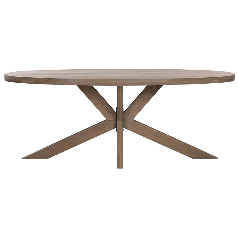Large modern oval dining table with a light, washed wood top and X-shaped wooden pedestal base.