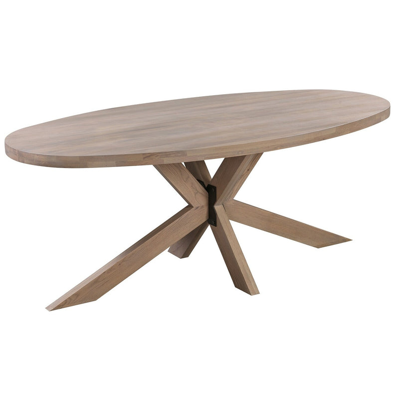 An oval dining table with a grey wash finish and a crisscrossed wooden leg base.